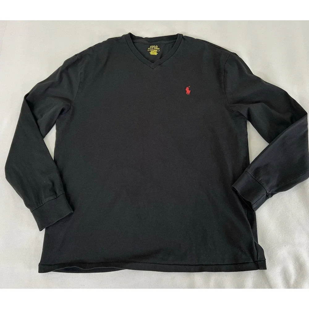 Polo Ralph Lauren Black V-Neck T-shirt Men Adult Large Long Sleeve Red Pony Logo